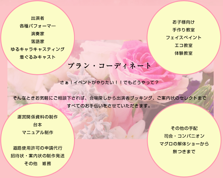 プラン・コーディネート　会場探しから出演者ブッキング、ご案内状のセレクトまで
すべてのお手伝いをさせていただきます。